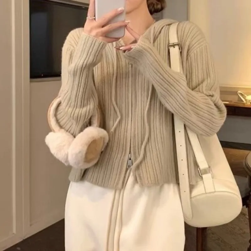 

Korean Style Chic Cardigan Double Zipper Hood Knit Cardigan Sweaters Pit Stripe Jumpers Crop Top Autumn Y2k Harajuku Streetwear