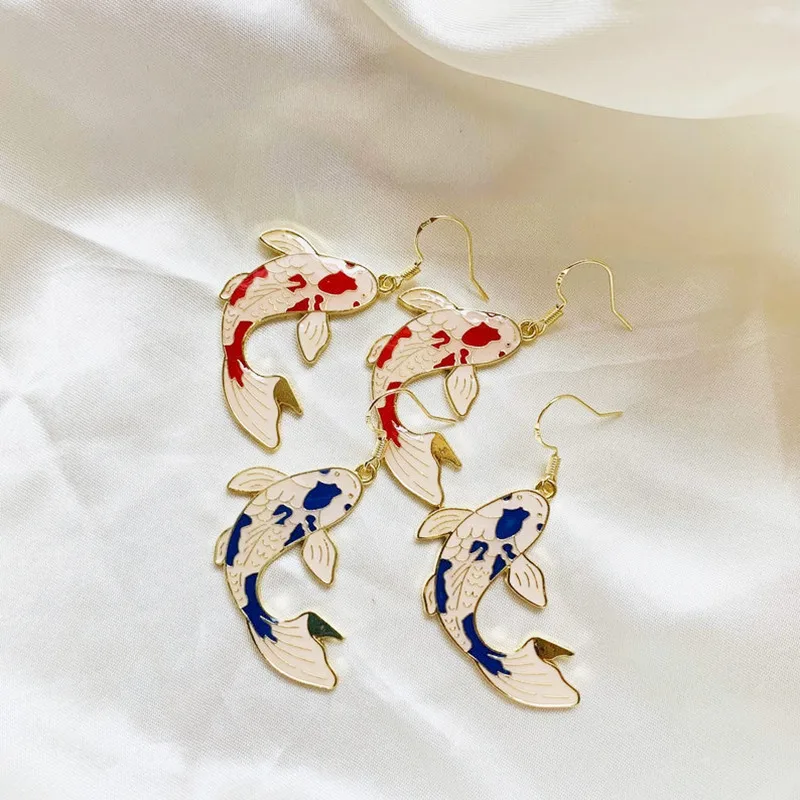 Personalized Fish Earrings, Gorgeous Red or Blue Detailed Koi Gold Plated  Handmade Pendant Earrings. Gift for Her