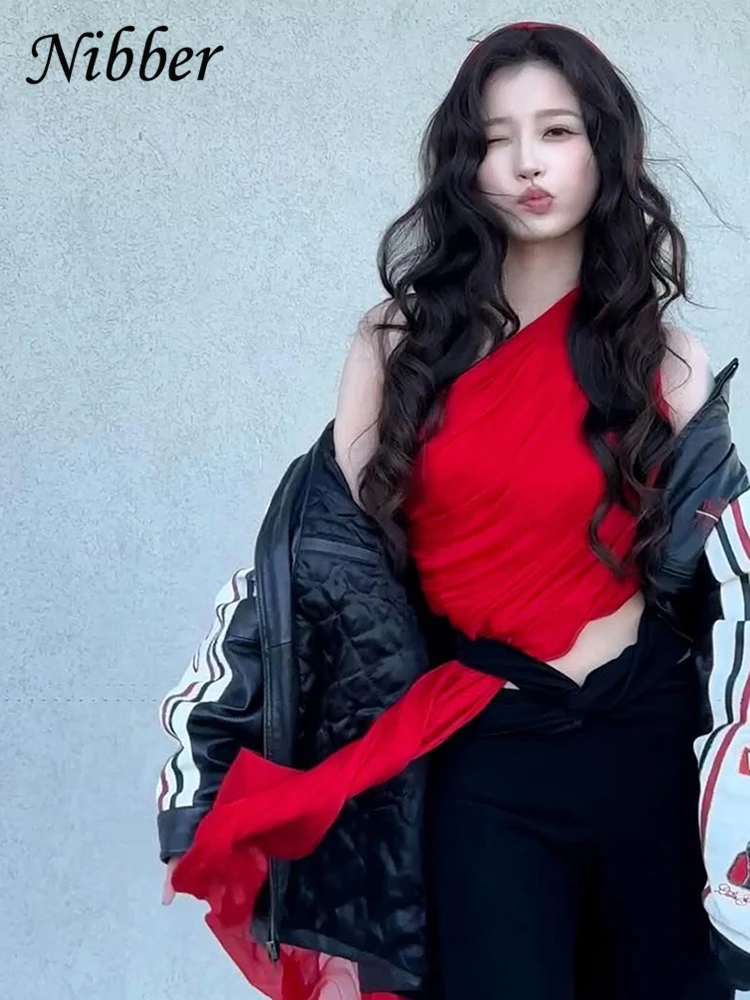 Nibber Streamer Woman One-Shoulder Vest Mesh Streetwear Solid Ruffles 2025 Summer Trend Hip Hop Charming Hot Chick Mini Tops