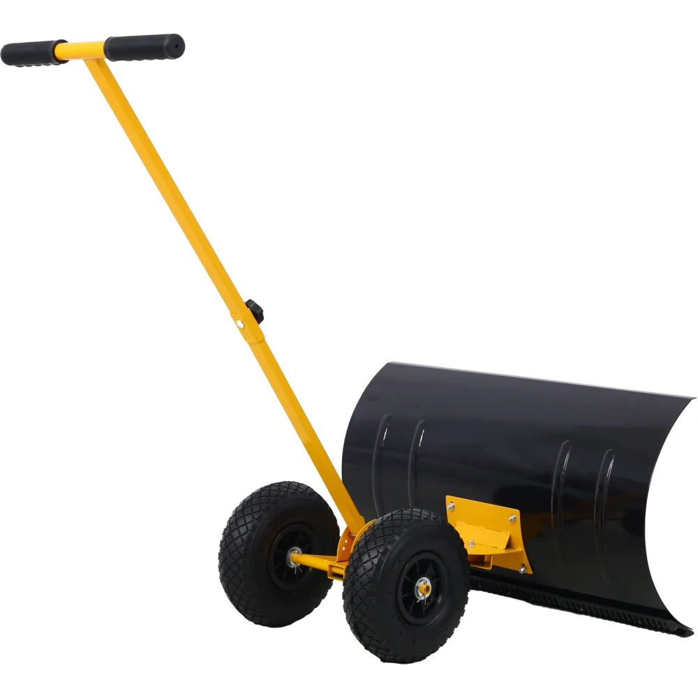 Snow Shovel with Wheels, Snow Pusher, Cushioned Adjustable Angle Handle Removal Tool, 29" Blade, 10" Wheels,yellow color