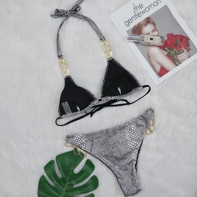 Women's Rhinestone Triangle Bikini Set Sparkly Rave Outfits 2 Piece Sexy Swimsuit Bathing Suit