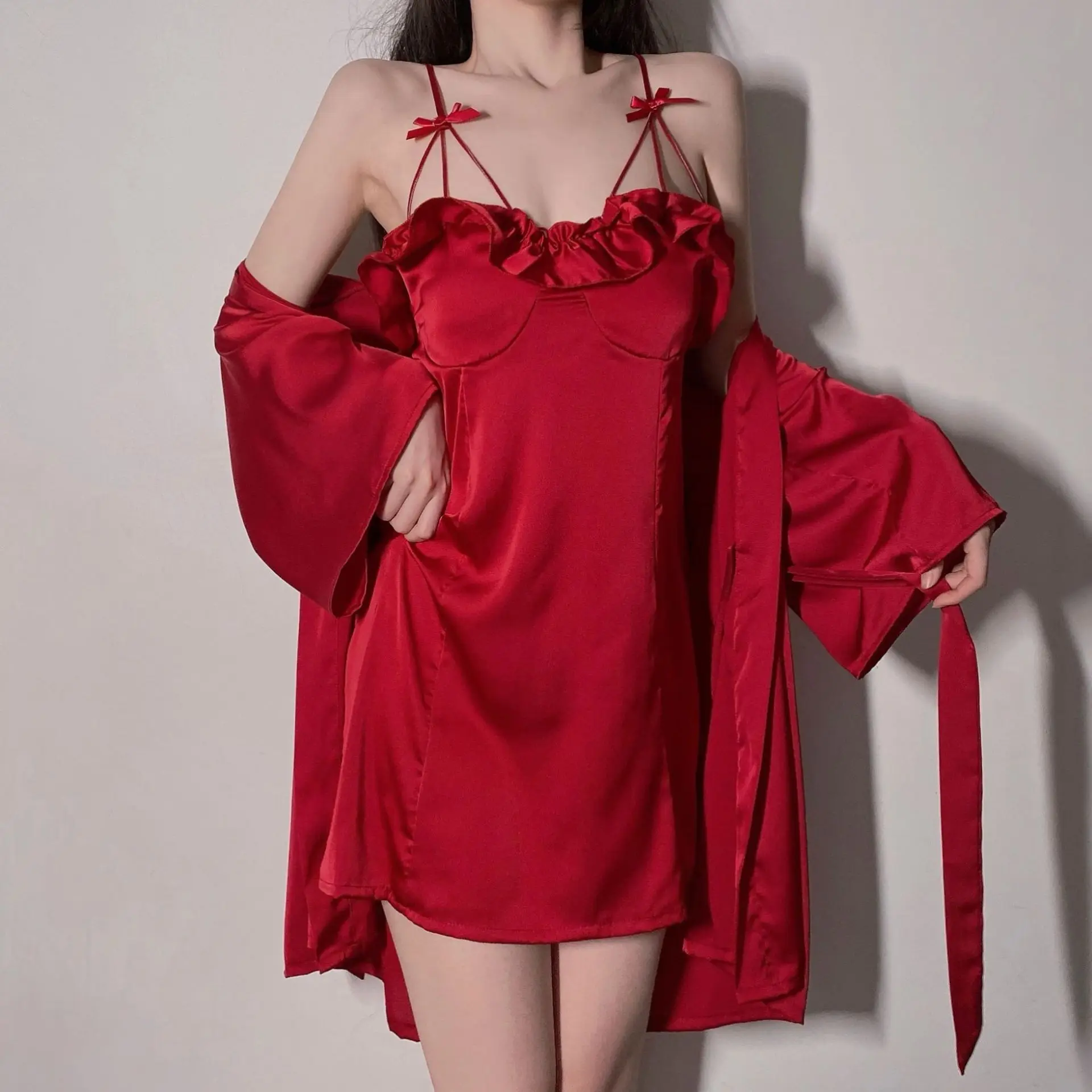 

Summer Women Kimono Robe Gown Sets Sexy Bow Ruffles V-Neck Nightgown Cardigan Bathrobe Lingerie Sleepshirts M-XL Home Clothing