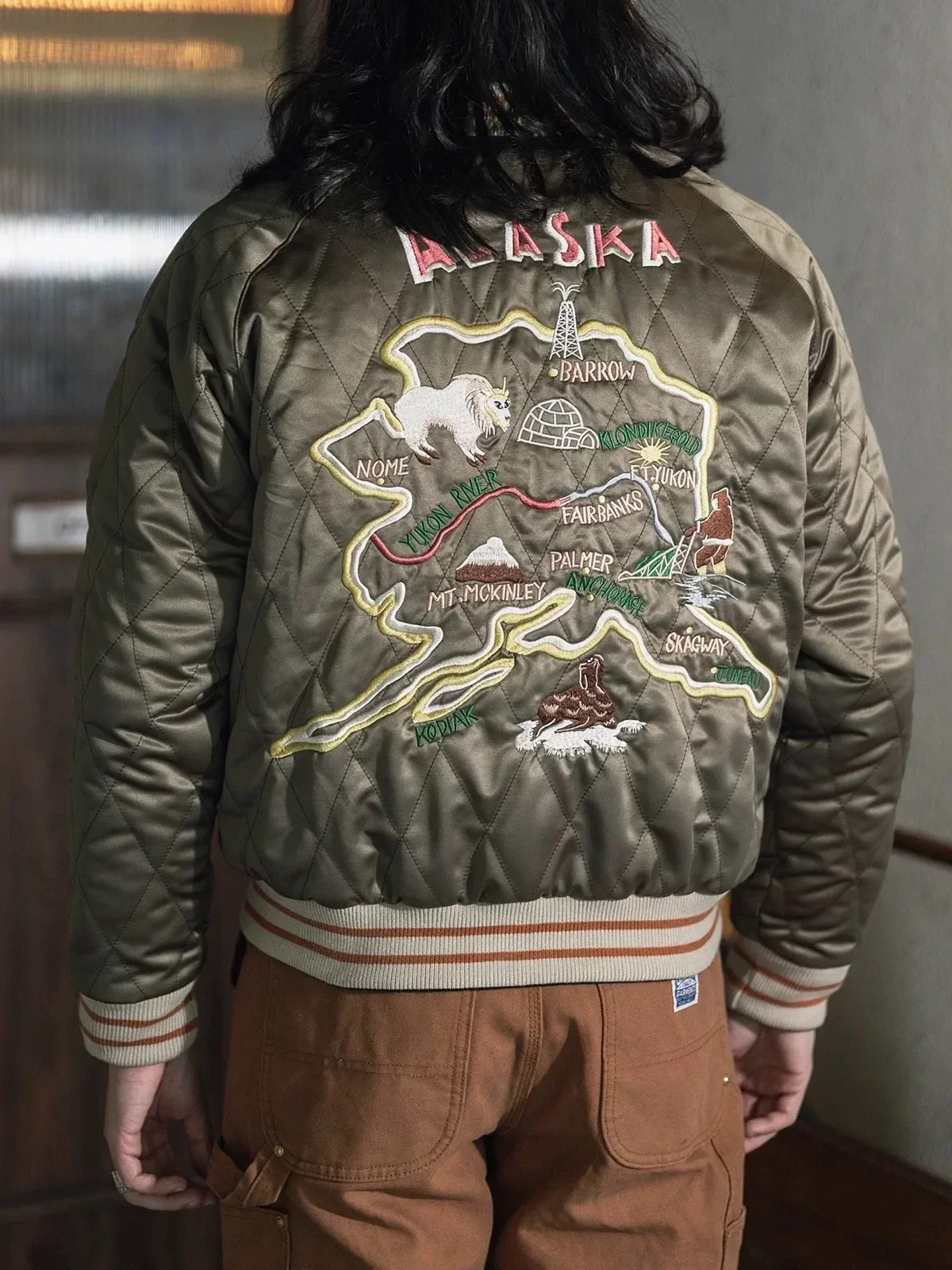 Non Stock 50s Alaska Embroidery Quilted Bomber Jacket Reversible Velveteen Outerwear Unisex 2