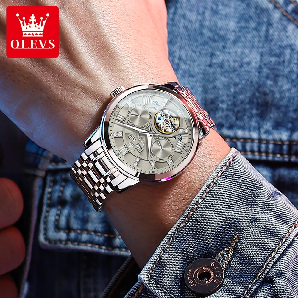 OLEVS 6701 Men's Watch Luxury Waterproof Auto Date Mechanical Watch For Men Hollow Skeleton Diamond Wristwatch Luminous Clock