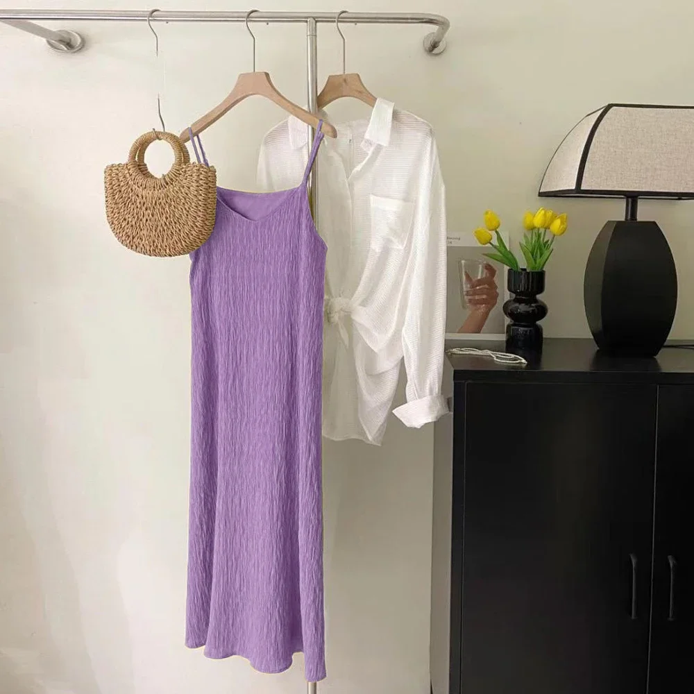 Office Lady Sleeveless Pleated Midi Dress Women Size S-XL Pink Purple White Black Casual Basic Knitted Folds Dresses Girl's 6
