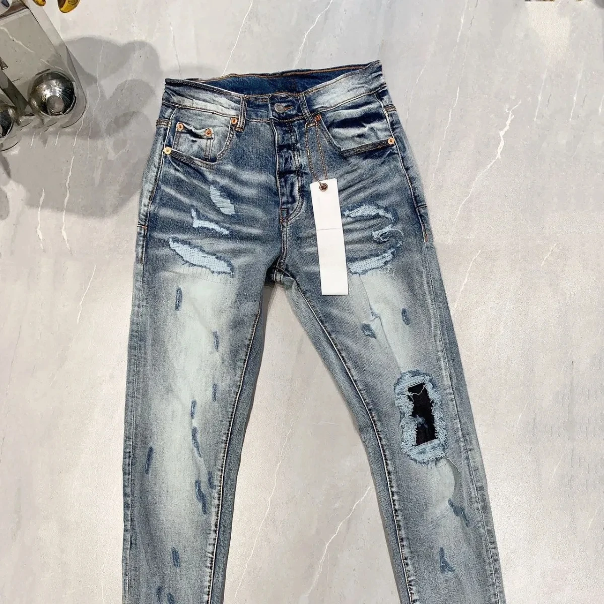 

Purple ROCA Brand jeans denim pants with fashion high quality repair low raise skinny denim patches 1:1 28-40 size pants