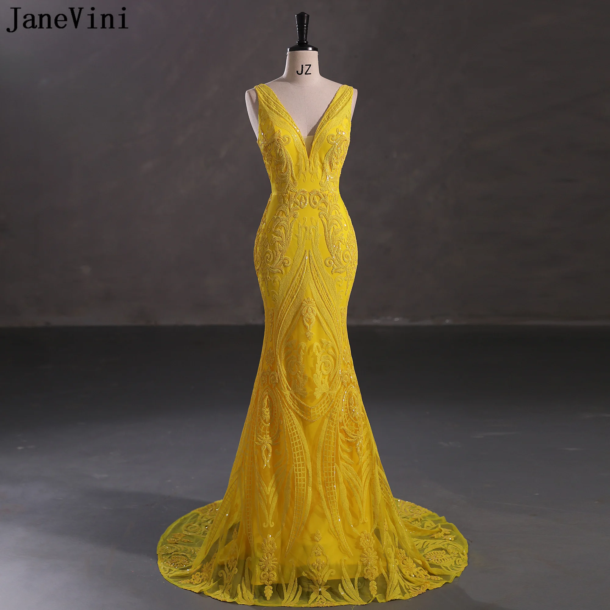 JaneVini Sparkly Sequined Mermaid Evening Dresses Yellow Luxury Night Dress Women Long African Formal Party Prom Gowns Elegant