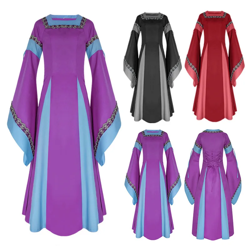 

Женское платье средневековой эпохи Возрождения, платье до пола в стиле ретро с кружевной отделкой, длинное платье в Ирландском стиле, костюм на Хэллоуин
