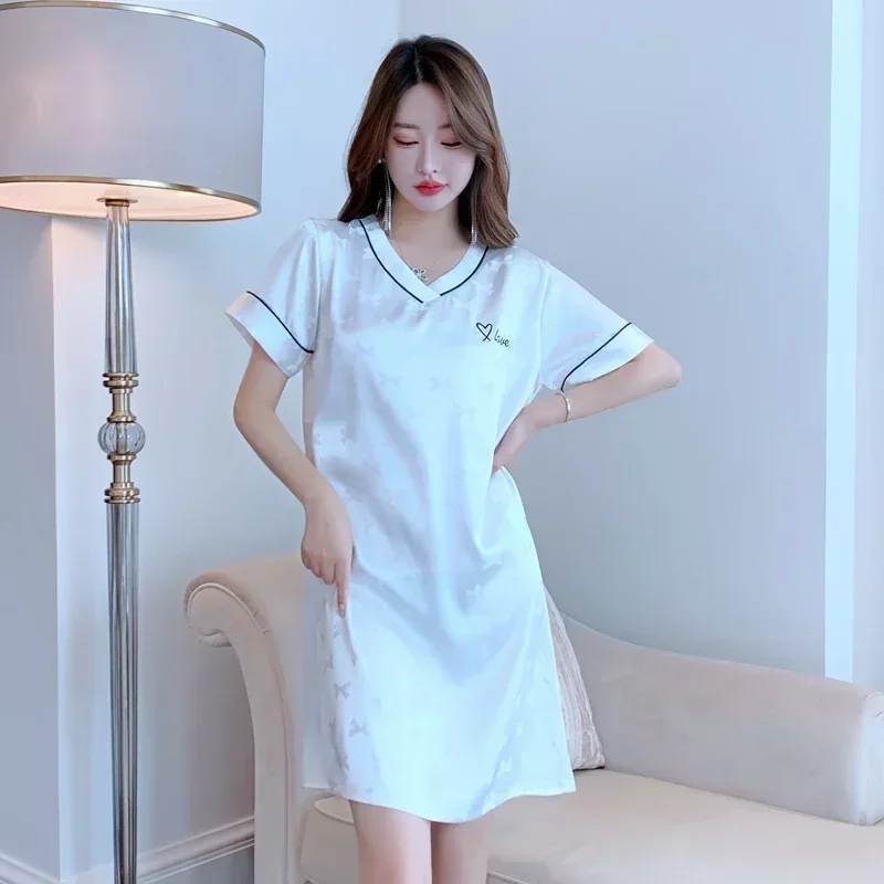 2024 Summer Short Sleeve Sexy Lingerie V-neck Silk Satin Print Nightgowns for Women Sleepwear Nightdress Night Dress Home Nighty