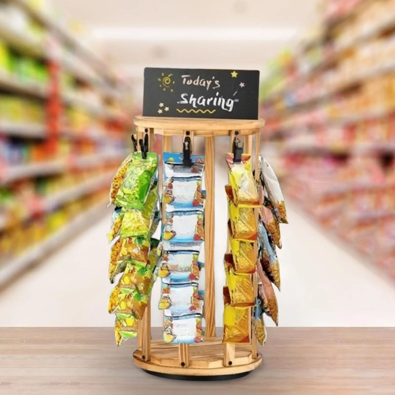 Chip Rack Display Stand 360° Rotating 40 Clips Candy Display Wooden Base 5 Tiers Snack Organizer for Party Office Desk Pantry 2