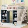 Full Size Loft Bed 2 Four-layer Storage Cabinets and Curtain,Blue Kids Beds for Boys Twin Bed ,White Frame Kids Beds for Girl US 1