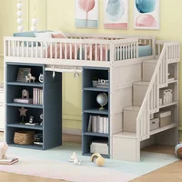 Full Size Loft Bed 2 Four-layer Storage Cabinets and Curtain,Blue Kids Beds for Boys Twin Bed ,White Frame Kids Beds for Girl US 1