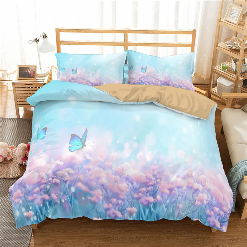 Soft Butterfly Floral Bedding Set For Girls Teens Rose Flowers Print Duvet Cover Easy Care And Breathable Quilt Cover Pillowcase Bedding Sets luxury Bedding Sets