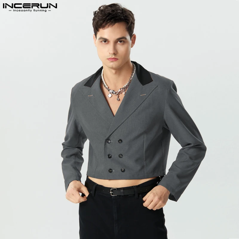 

Men Blazer Patchwork Lapel Long Sleeve Streetwear Casual Suits Double Breasted Autumn Fashion 2023 Male Crop Coats S-5XL INCERUN
