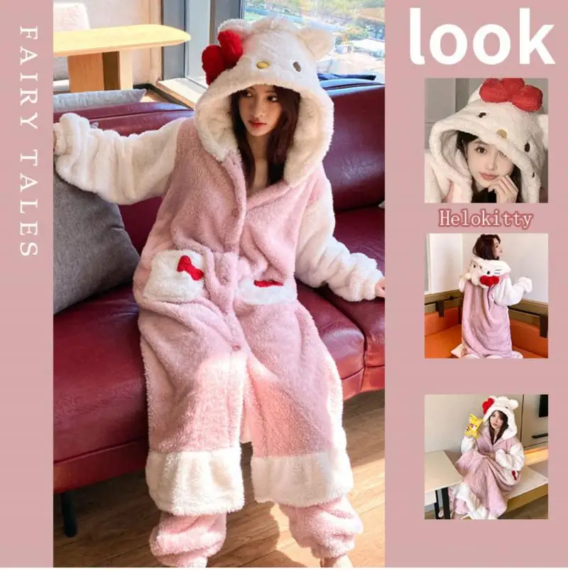 Cute Sanrio Cartoon Hellokitty Y2K Pajama Anime Hooded Plush Pajama Skirt Girl Kawaii Homewear Sleepwear Autumn Winter Nightwear