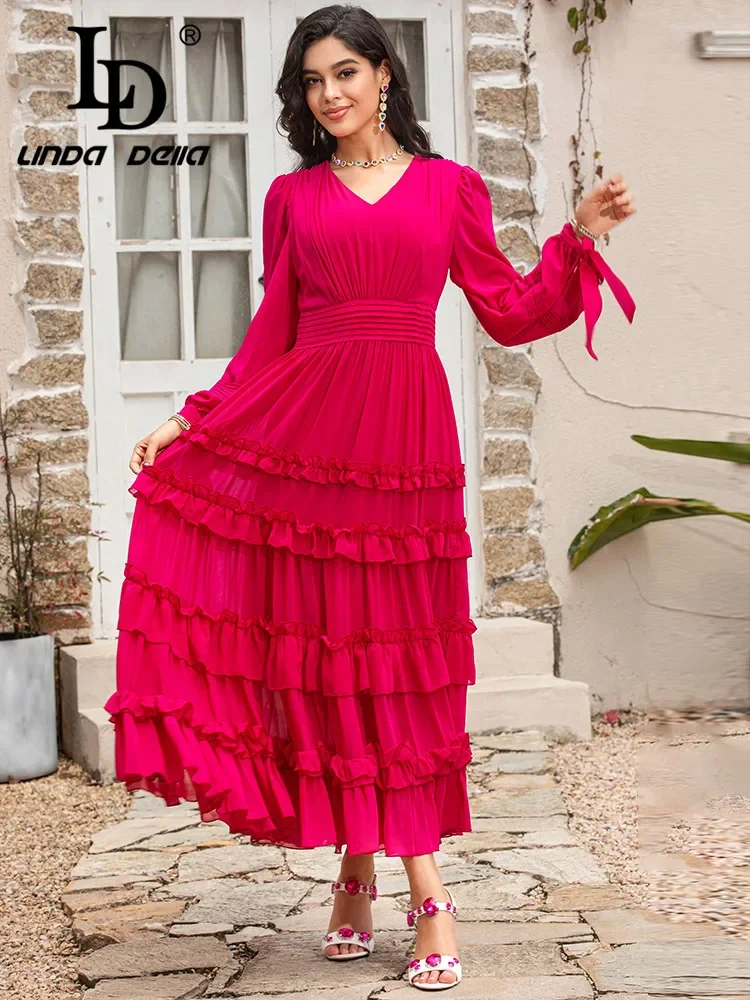 

LD LINDA DELLA Fashion Designer Summer Solid Dress Women's V neck Long sleeve High waist ruffled Long Dress