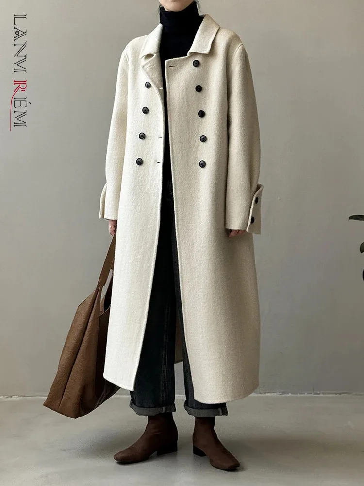 

LANMREM High End Wool Long Coat Women Lapel Solid Color Double Breasted Loose Clothing Office Lady 2023 Winter New 2AA3920