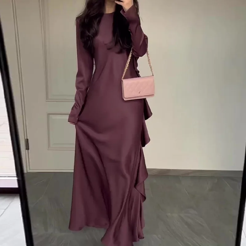 

Women Dress Full Sleeve Long Dresses Round Neck Casual Ruffles Solid Splice Vestidos Elegant Slim Fit Office Ladies 2024 Spring