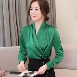 Elegant V-Neck Solid Color Button Folds Satin Blouse Women's Clothing 2023 Autumn New Casual Pullovers Office Lady Shirt