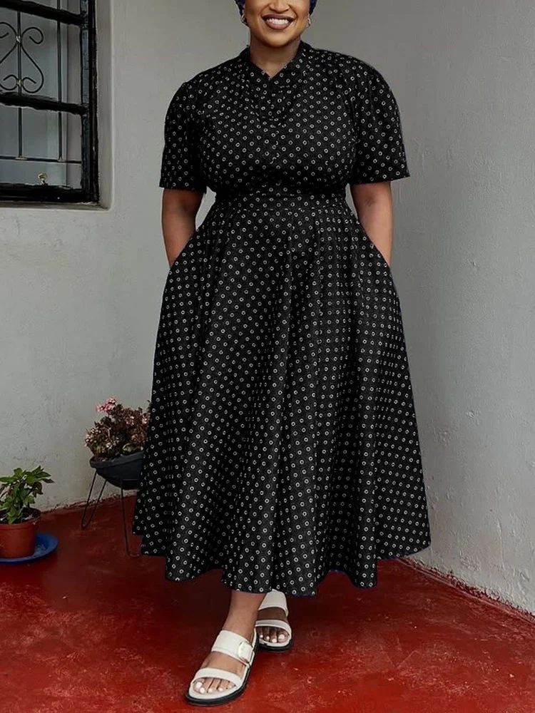 Wmstar Plus Size Dresses Women 2025 Dot Print Button Maxi Dress Fashion Big Swing Short Sleeve Outfits Wholesale Dropshipping