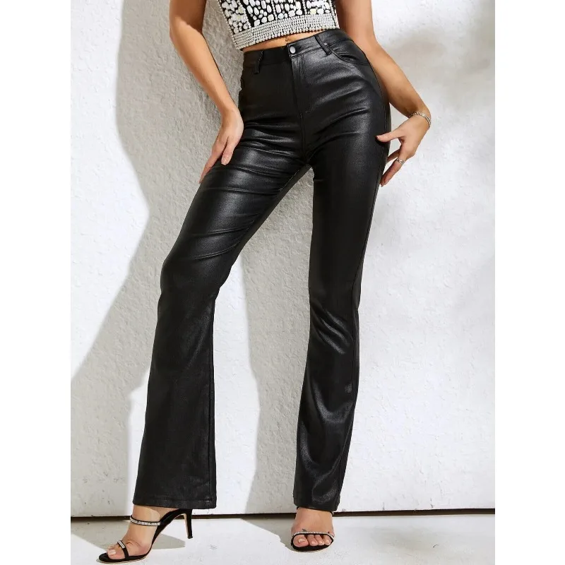 Women's Sheepskin Leather Black Pants True Straight Leg High Waisted Pants European and American Fashion Trends