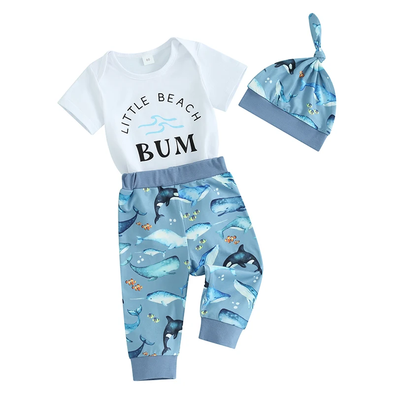 

Fish Print Baby Boy Clothes Romper Pants Hat Set Letter Bodysuit Short Sleeve Whale Print Pants Infant Summer Outfit