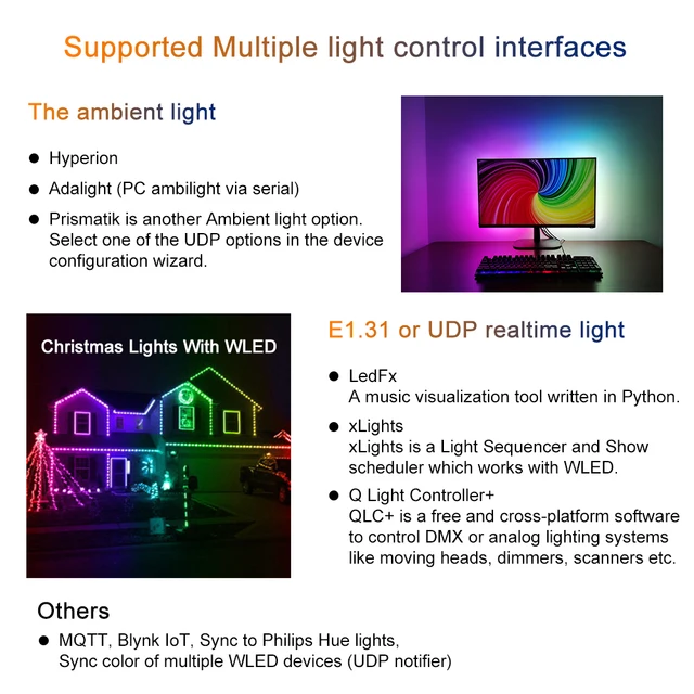 WLED Wifi WS2812 RGB USB LED Strip Light Computer Monitor Desktop PC Screen  Backlight Lighting Ambient Tape Ribbon String 1M~ 5M