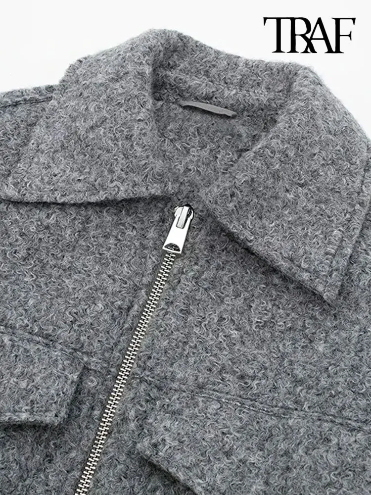 TRAF Women Fashion Patch Pockets With Flaps Cropped Jacket Coat Vintage Long Sleeve Front Zipper Female Outerwear Chic Tops 5