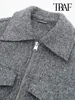 TRAF Women Fashion Patch Pockets With Flaps Cropped Jacket Coat Vintage Long Sleeve Front Zipper Female Outerwear Chic Tops 5