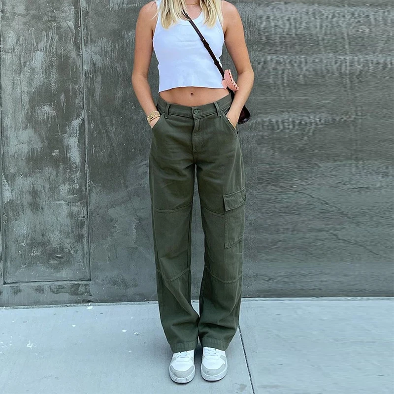 

Women's Casual Pants Retro Green Asymmetrical Pocket Overalls High Waist Loose Denim Pants Free Shipping