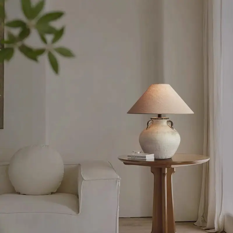 와비 레트로 세라믹 린넨 갓 테이블 램프 침실 거실 디자이너 침대 옆 소파 사이드 데스크 나이트 스탠드 조명