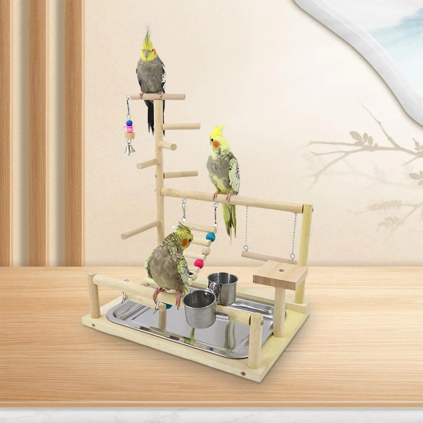 Bird Cage Perches Wooden Bird Playground Parrot Playstand Gym Playground Ladder with Metal Feeder Plate Toy for Budgie Parakeets Cockatoos