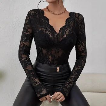 Women Sexy Base Layer Shirt Solid Black Sheer Lace Top Slim Flower Scallop Trim V Neck Long Sleeve T-shirt Trendy Tight Lace Top 1