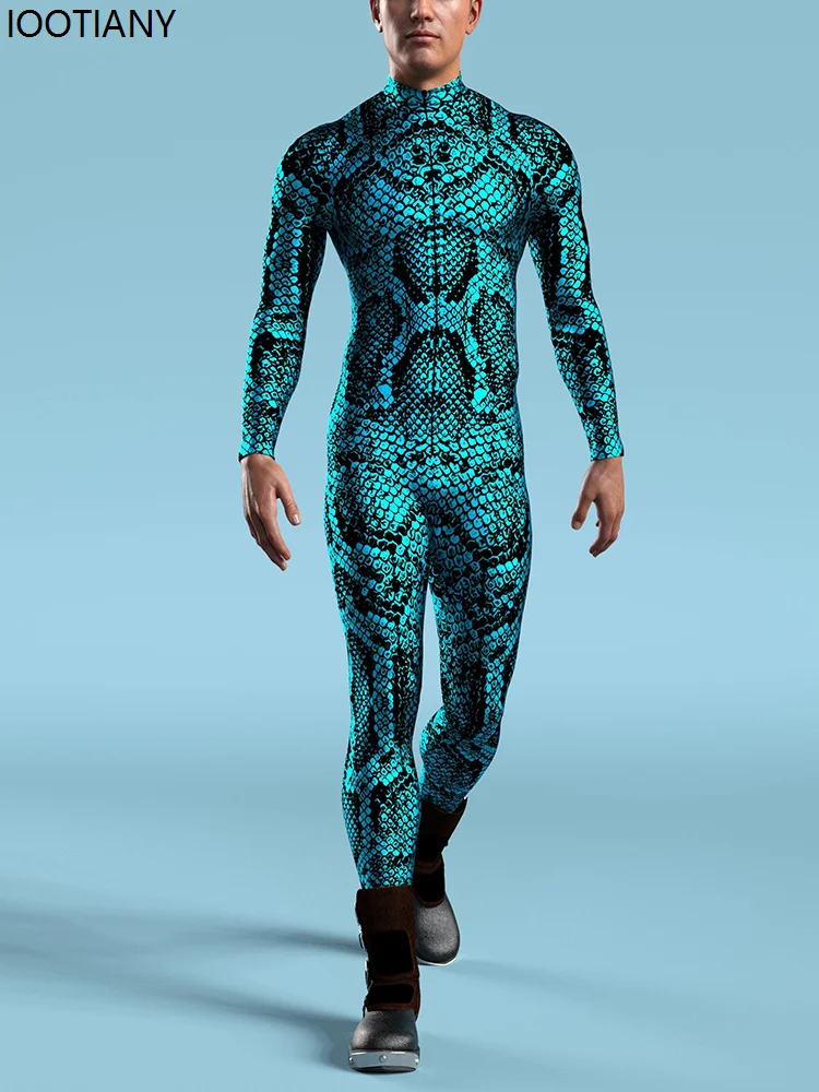 Cosplay Costume Men Snake Skin Print Jumpsuit Halloween Animal Zentai Suits Holiday Party Bodysuit Punk Masquerade Catsuits Rave Outfits