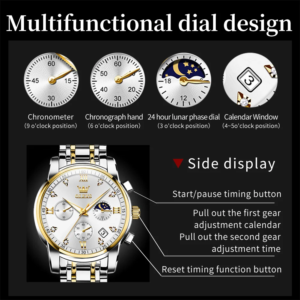 OLEVS Luxury Top Brand Quartz Watch for Men Stainless Steel Waterproof Chronograph Sports Date Clock Moon Phase Men's Wristwatch