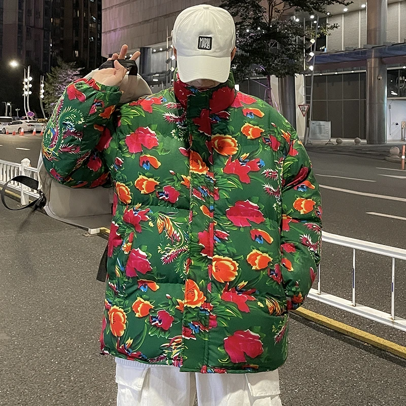 Northeast Big Flower Print Cotton-Padded Coat Men's, Red New Year Flower Coat Trendy Thickened Pattern Cotton-Padded Coat