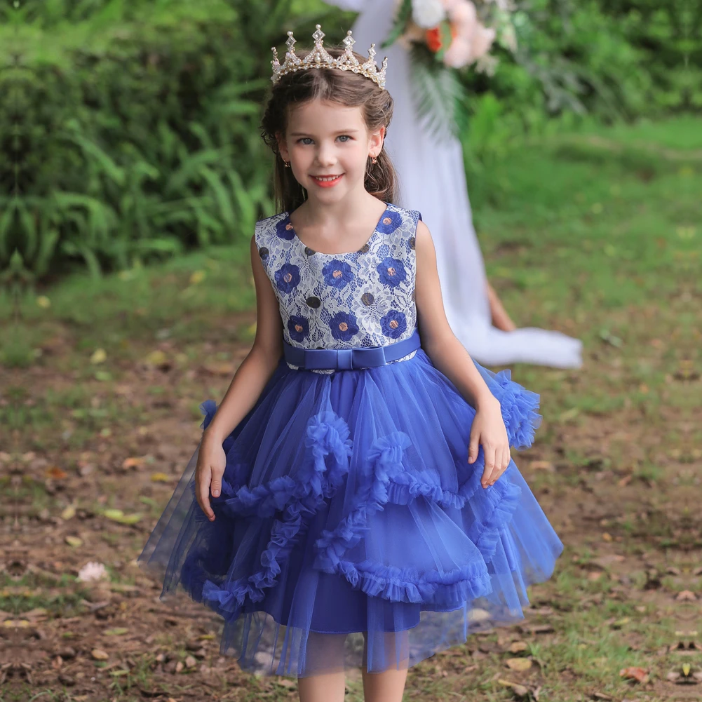 Sweet Blue Embroidery Children's Performance Gown Hollowed Beautiful