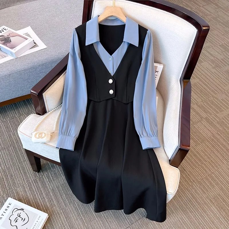 

2023 New Elegant Large Size Dresses Women's Clothes Spring Autumn Long Sleeve Slim Splice Fake Two Piece Dress Female Tops AC246