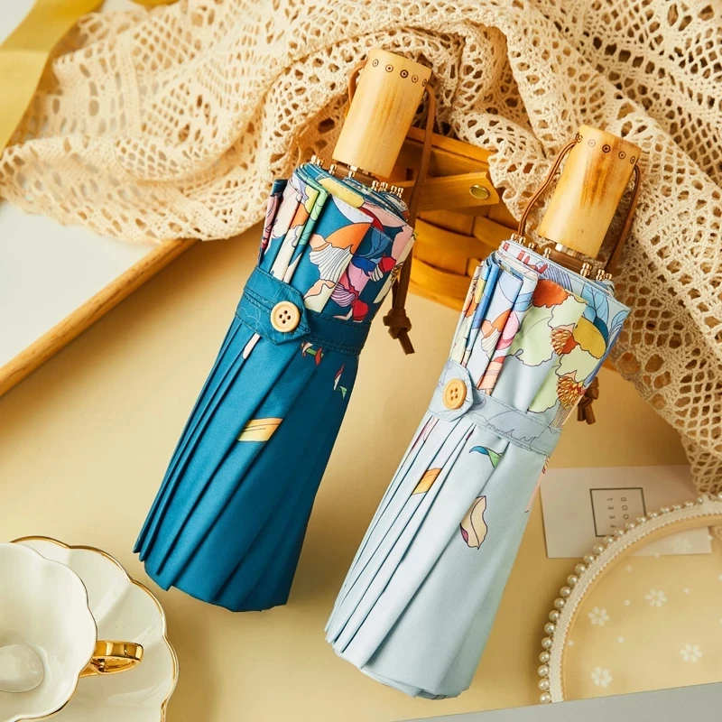 

Japanese Style Flowers Umbrella Rain Women Anti UV Sun Umbrella Wooden Handle Three Folding Umbrellas Silver Coating 16K Parasol