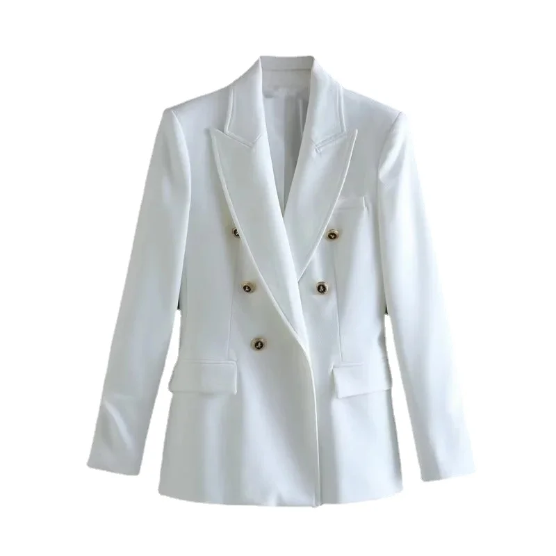 2023 Spring Autumn New Women Temperament Slim Mid-Length Suit Coat Fashion Double-breasted Solid Color Casual Versatile Outwear