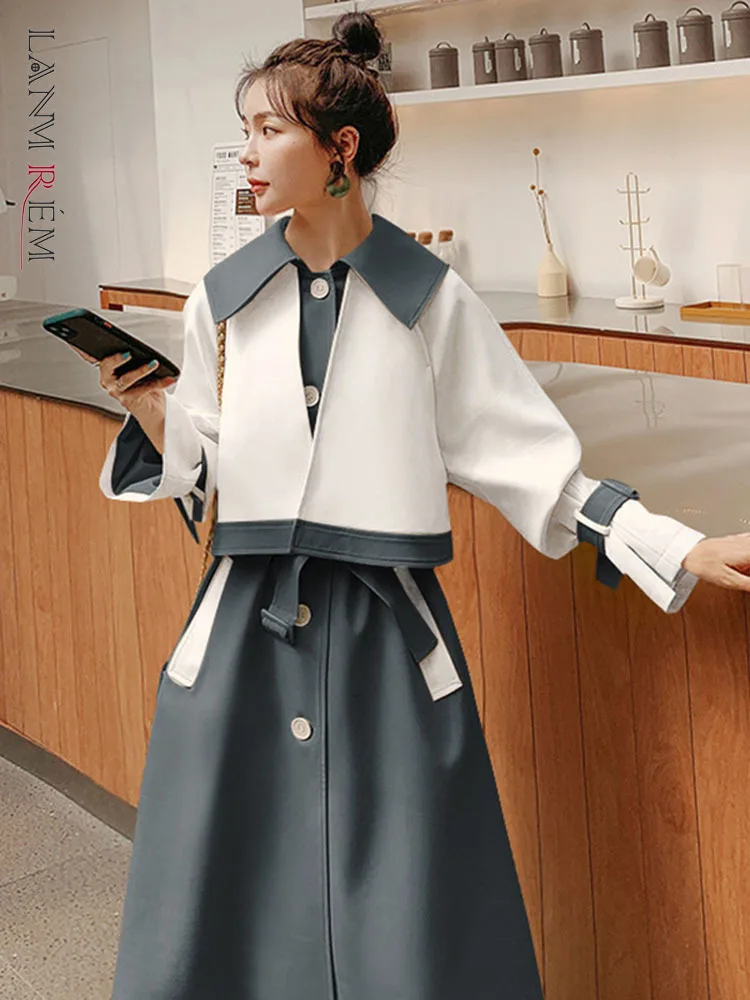 

LANMREM Trench Coat For Women 2024 Spring New Stitching Color Lapel Patchwork Loose Fashion Long Windbreaker Female 2R8319