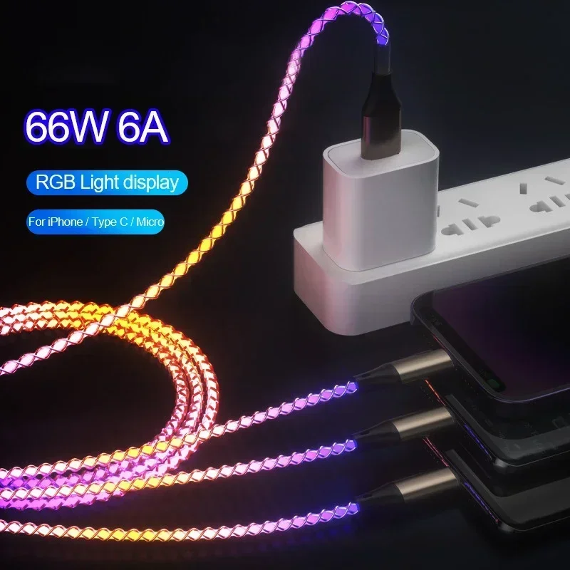 3 in 1 Fast Charging Cable 66W USB Cable Type C Colorful Streamer Glowing Line Phone Accessories for IPhone Xiaomi Huawei