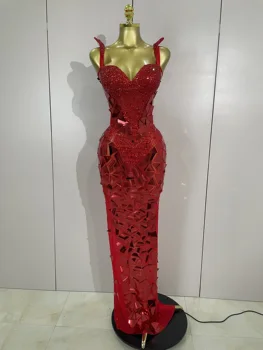 Sexy Luxury Sparkly Diamonds Mirror Sequins Mesh Transparent Long Dress Women Evening Birthday Party Nightclub Bar Stage Costume 1