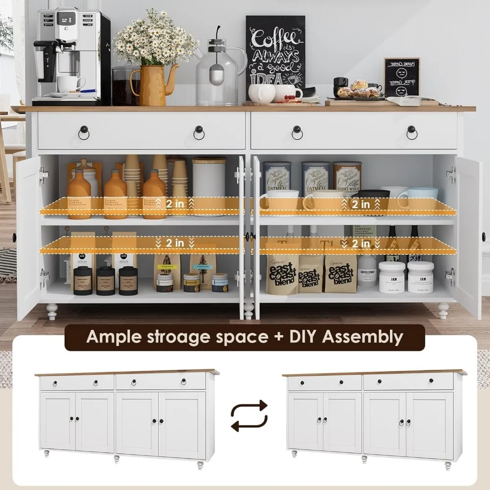 et Cabinet with Storage and 2 Drawers and 4 Doors, Modern Sideboard et Storage Cabinet, Wood Table