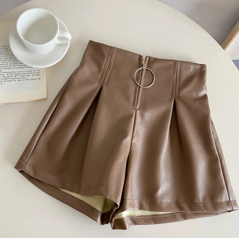 High Quality Solid Pu Leather Shorts Women Autumn Winter New High Waist Wide-Leg Cool Zipper Pocket Korean Style Folds Simple