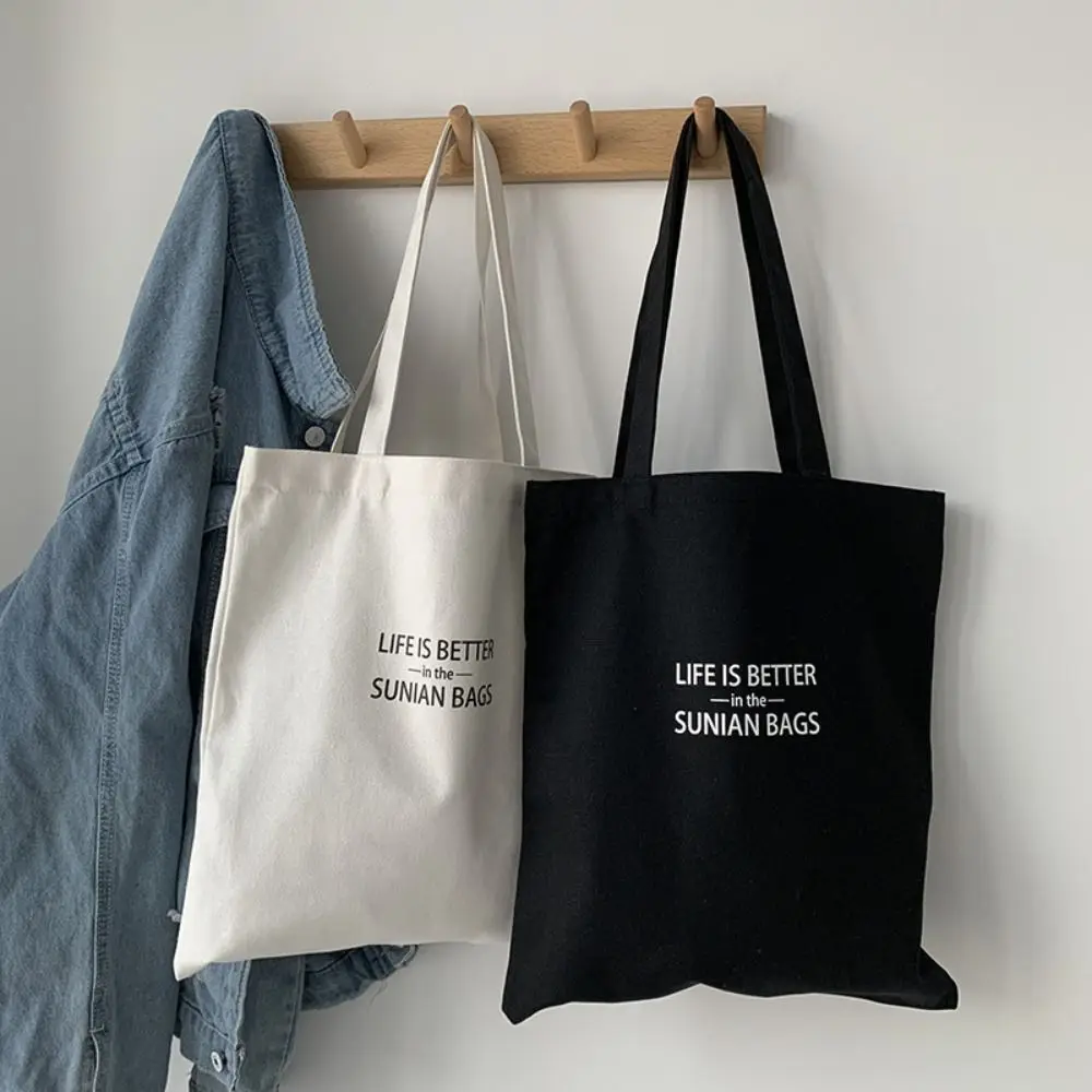 

Canvas Travel Shoulder Bag Casual Large Capacity Solid Color Summer Shopping Bag Reusable Letter Print Beach Tote Bag