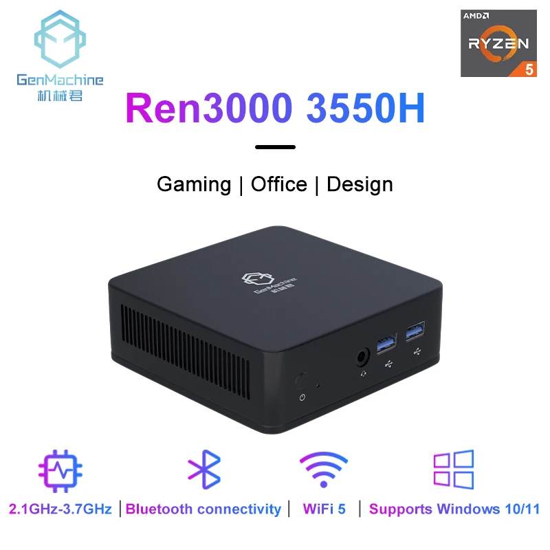 GenMachine-Mini PC Gamer Computer, CPU AMD Ryzen 5 3550H, Windows 10, 11, Ren3000, DDR4, 8GB, 256GB, 16GB, 512GB, Wi-Fi 5, NUC