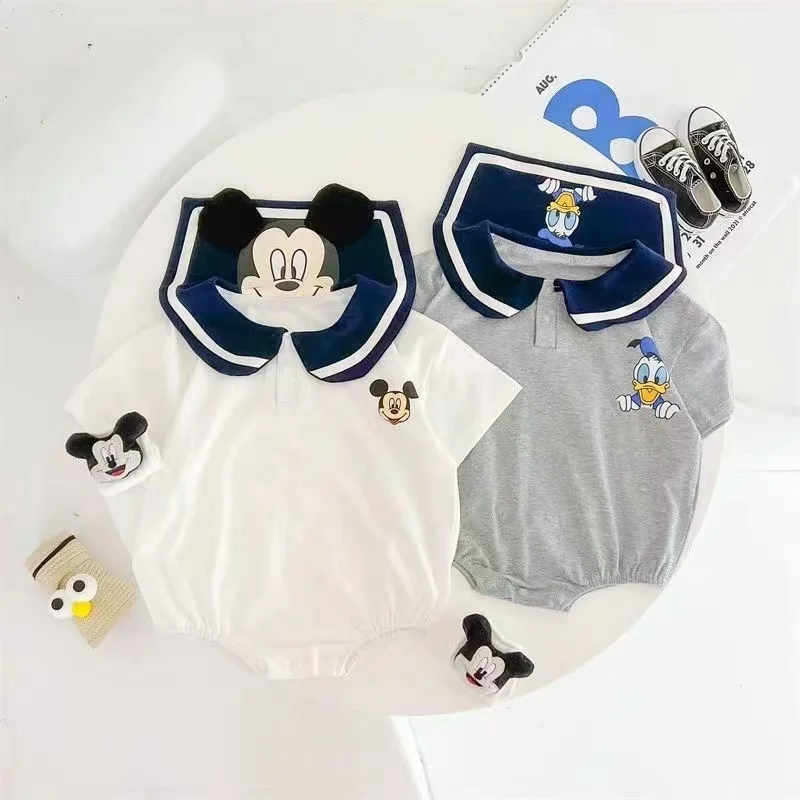Summer Newborn Baby Rompers Socks Set Cartoon Mickey Mouse Donald Boy Girl Jumpsuit Infant Costumes Cotton Short Sleeve Bodysuit