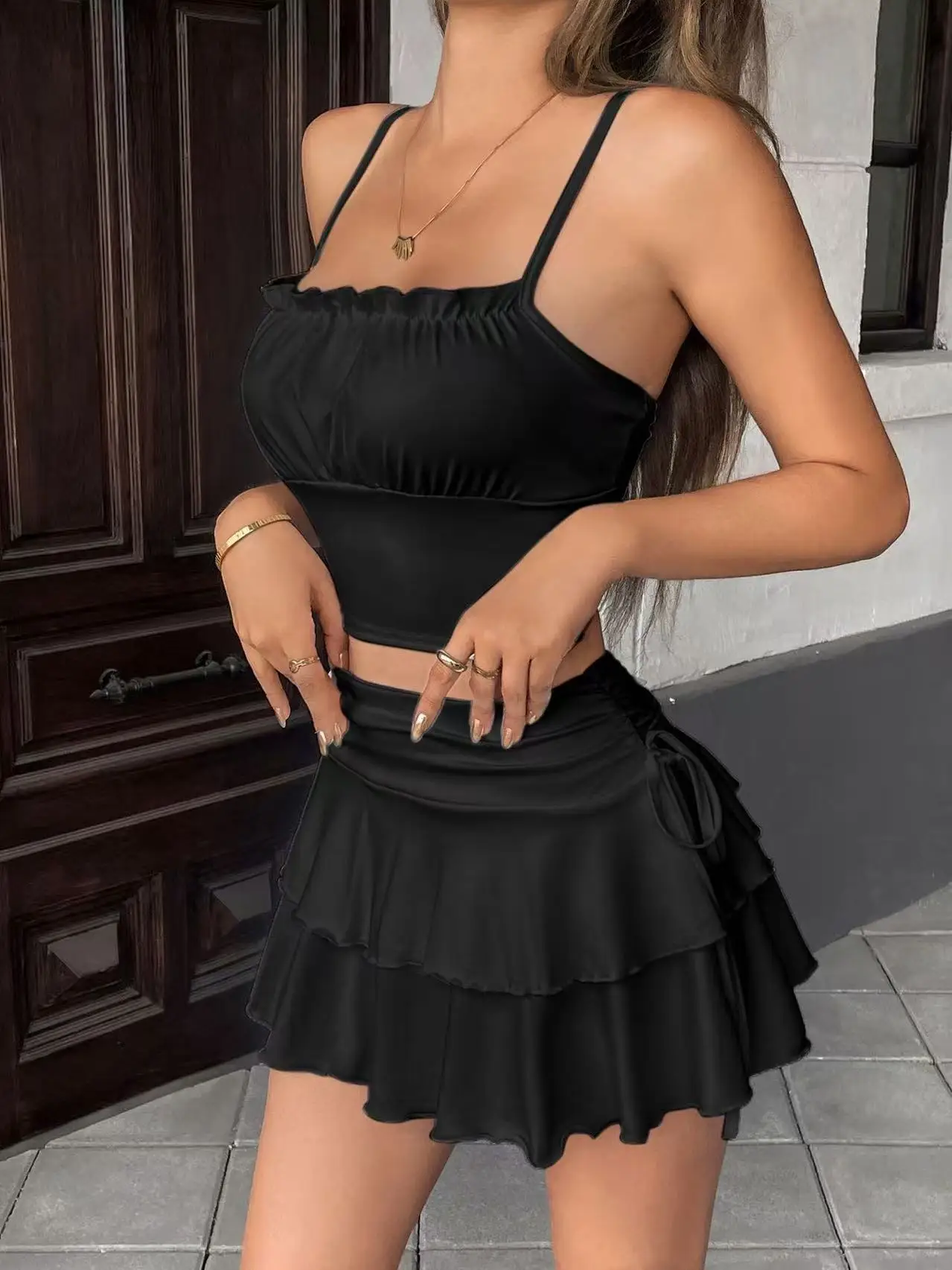 Drawstring And Fold Detail Solid Color Cake Skirt, Spring/Summer, Party Skirt, Beach Skirt, Summer Vacation Outfits - Image 4