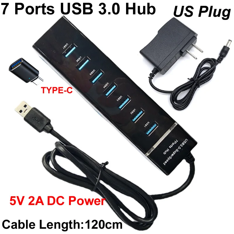 3IN1 120CM 7 Ports USB 3.0 Hub Splitter High Speed Multi Adapter Expander  Cable +5V 2A AC DC POWER + USB TO TYPE-C 3.1PLUG